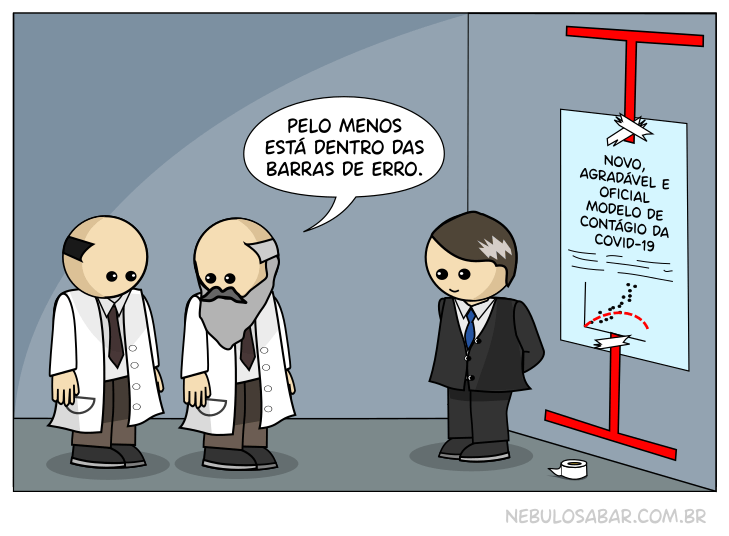Dois cientistas olham para um empresário e seu poster escrito Novo, Agradável e Oficial Modelo de Contágio da Covid-19. O poster contém um gráfico de pontos subindo e uma curva de estimativa descendo. Há duas barras de erro gigantes coladas com fita-crepe no poster. Um dos cientistas diz: Pelo menos está dentro das barras de erro.